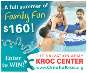 Kroc Center summer membership ad featuring a family at an indoor pool.