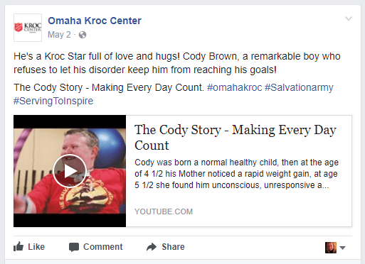 Cody Byrd video/story: Kroc Center Facebook post sharing a video story about Cody Byrd and his health and fitness journey.