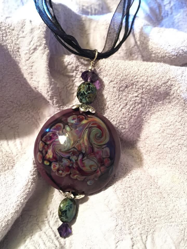 Handmade glass large lentil focal bead.