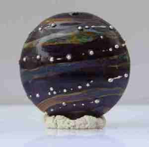 Purple, Raku and Silver Wire Large Lentil Glass Bead