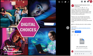 BHECN Facebook post promoting the Brains, Bots, and Boundaries online learning series with a Digital Choices graphic focused on youth mental health in a digital world.